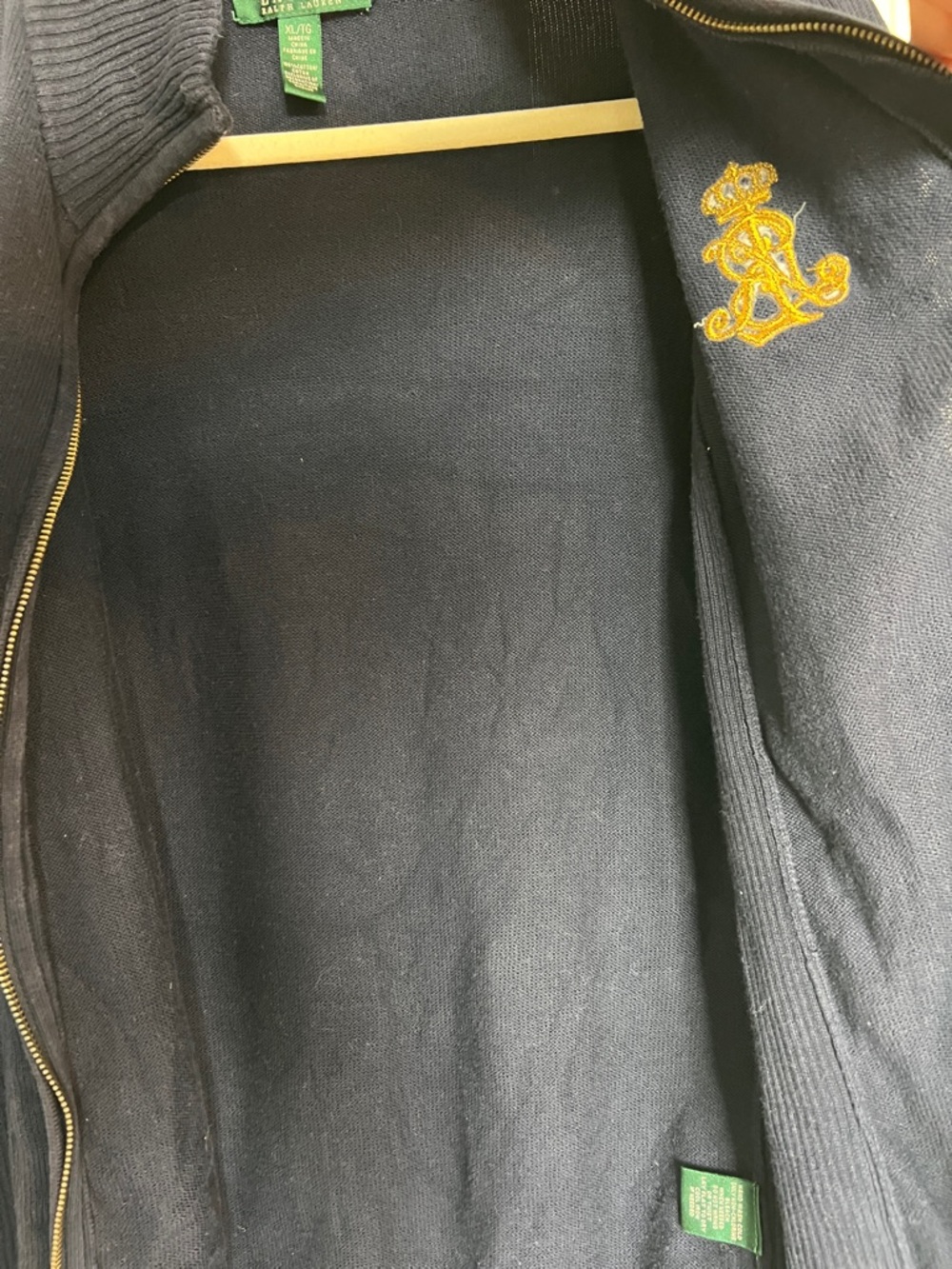 Lauren Ralph Lauren Navy Knit Cardigan with Gold Crest & Gold Zipper size XL - Picture 8 of 8